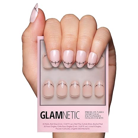 Glamnetic Press On Nails - Rosy Remains | Charcoal Gray 3D Skeleton Medium Coffin Fake Nails with Matte Finish, Salon Quality Halloween Nails | 15 Sizes - 30 Nail Kit with Glue