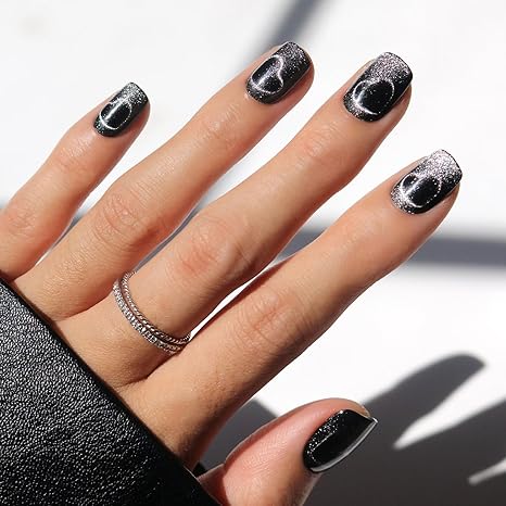 Glamnetic Press On Nails - Rosy Remains | Charcoal Gray 3D Skeleton Medium Coffin Fake Nails with Matte Finish, Salon Quality Halloween Nails | 15 Sizes - 30 Nail Kit with Glue