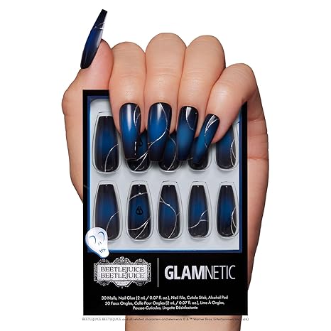 Glamnetic Press On Nails - Rosy Remains | Charcoal Gray 3D Skeleton Medium Coffin Fake Nails with Matte Finish, Salon Quality Halloween Nails | 15 Sizes - 30 Nail Kit with Glue