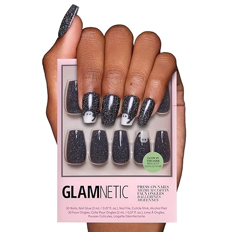 Glamnetic Press On Nails - Rosy Remains | Charcoal Gray 3D Skeleton Medium Coffin Fake Nails with Matte Finish, Salon Quality Halloween Nails | 15 Sizes - 30 Nail Kit with Glue