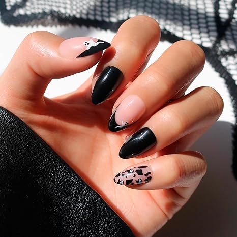 Glamnetic Press On Nails - Rosy Remains | Charcoal Gray 3D Skeleton Medium Coffin Fake Nails with Matte Finish, Salon Quality Halloween Nails | 15 Sizes - 30 Nail Kit with Glue