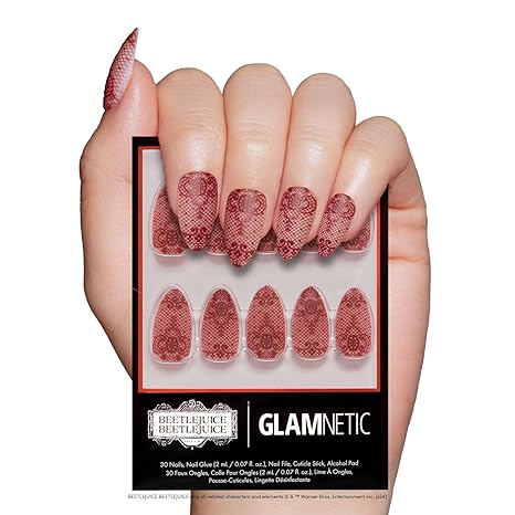 Glamnetic Press On Nails - Rosy Remains | Charcoal Gray 3D Skeleton Medium Coffin Fake Nails with Matte Finish, Salon Quality Halloween Nails | 15 Sizes - 30 Nail Kit with Glue
