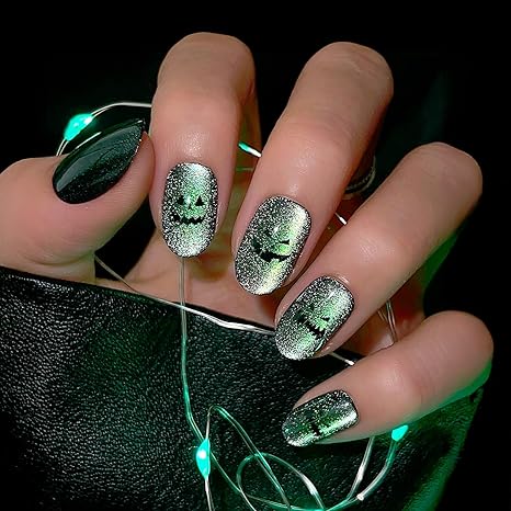 Glamnetic Press On Nails - Rosy Remains | Charcoal Gray 3D Skeleton Medium Coffin Fake Nails with Matte Finish, Salon Quality Halloween Nails | 15 Sizes - 30 Nail Kit with Glue